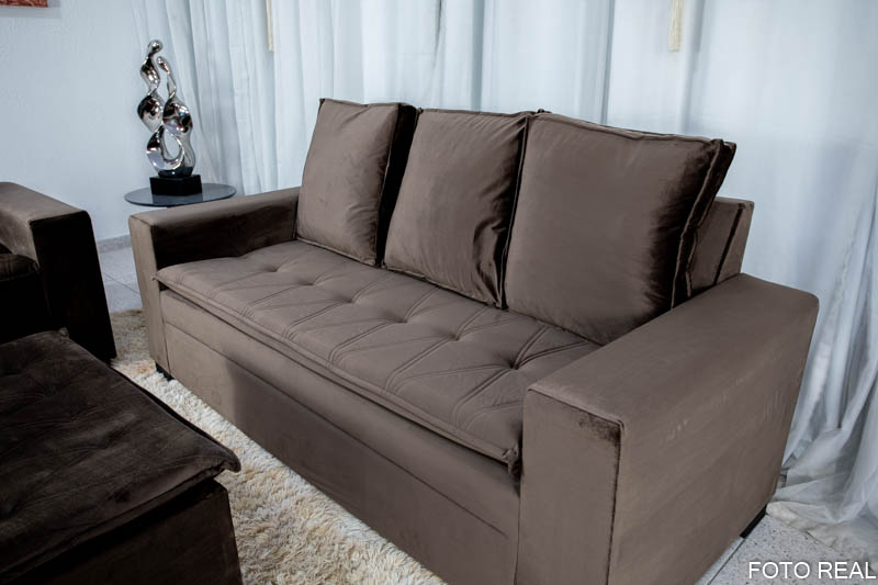 Sofá 3 e 2 lugares França com Puff Veludo Marrom A17 - Imagem 5