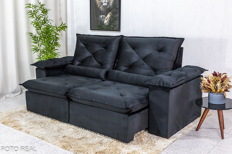 Sofá Retrátil Reclinável 2.30m Roma Veludo Preto 21 - D28 Soft - Imagem 2