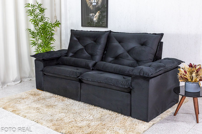 Sofá Retrátil Reclinável 2.30m Roma Veludo Preto 21 - D28 Soft - Imagem 3
