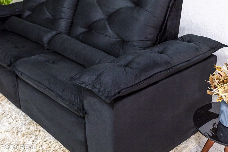 Sofá Retrátil Reclinável 2.30m Roma Veludo Preto 21 - D28 Soft - Imagem 7