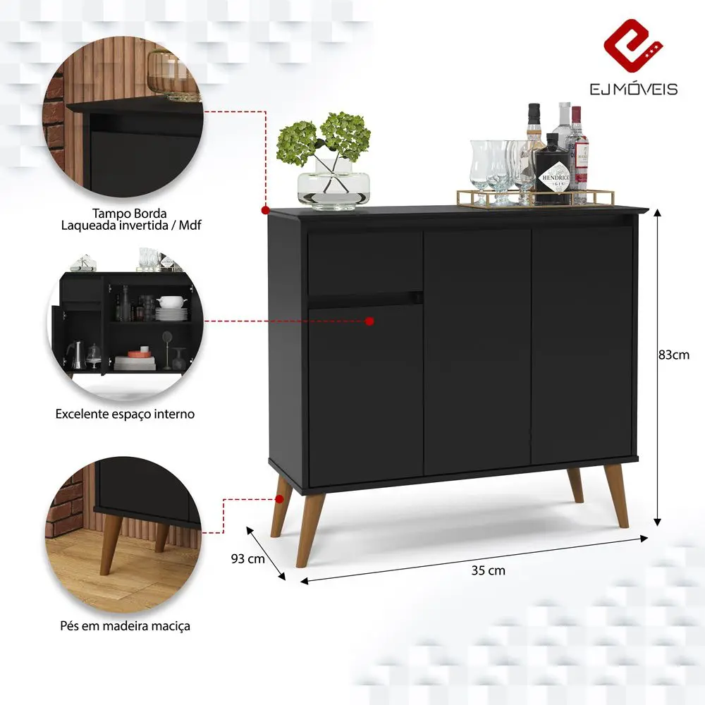 Aparador Veneza 3P1G Preto EJ Moveis - Imagem 3