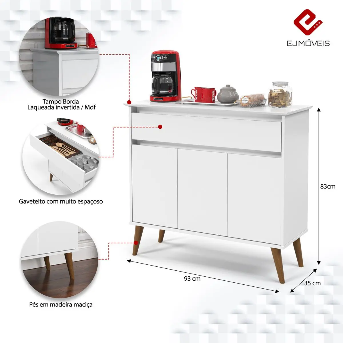 Aparador Zeus 3P1G Branco EJ Moveis - Imagem 4