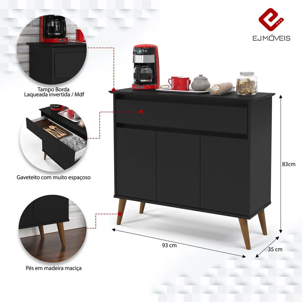 Aparador Zeus 3P1G Preto EJ Moveis - Imagem 4