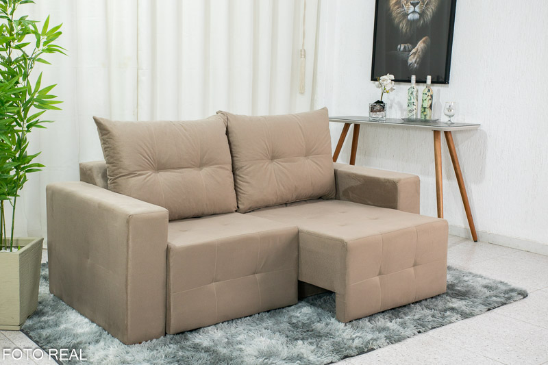 Sofá Retrátil 3 Lugares Havaí Larg. 1.80m Veludinho Bege 10 - Imagem 2