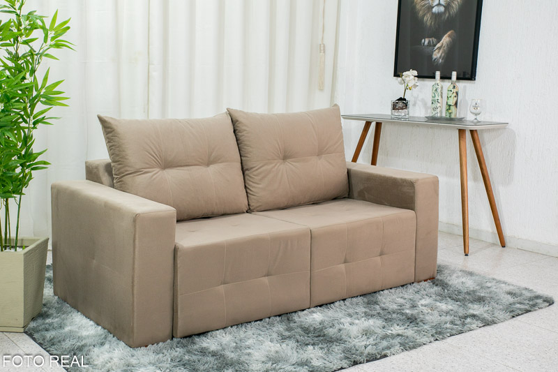 Sofá Retrátil 3 Lugares Havaí Larg. 1.80m Veludinho Bege 10 - Imagem 3