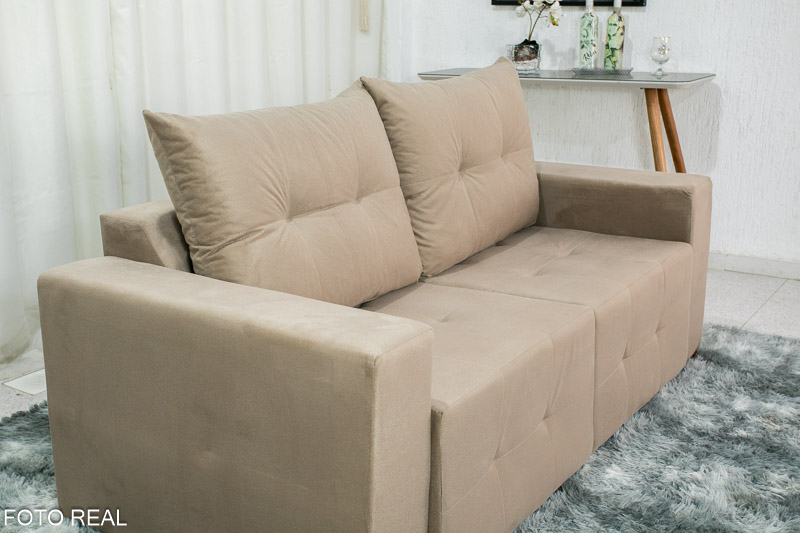 Sofá Retrátil 3 Lugares Havaí Larg. 1.80m Veludinho Bege 10 - Imagem 4