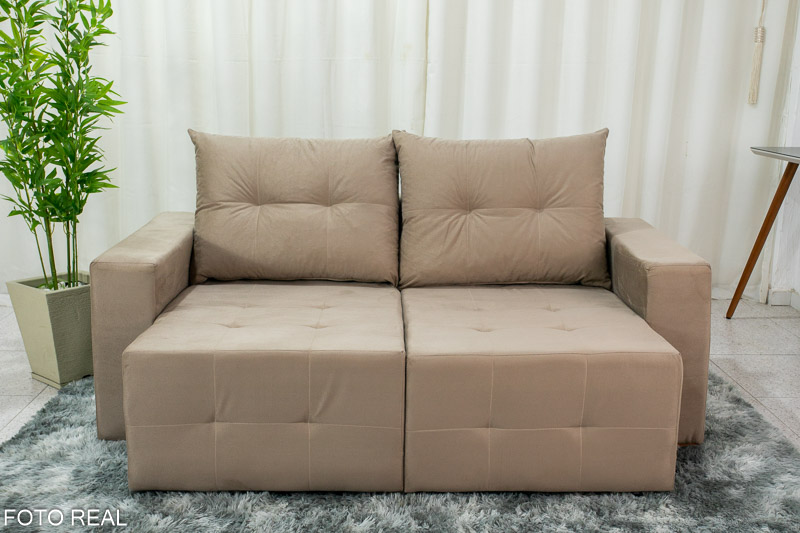 Sofá Retrátil 3 Lugares Havaí Larg. 1.80m Veludinho Bege 10 - Imagem 5