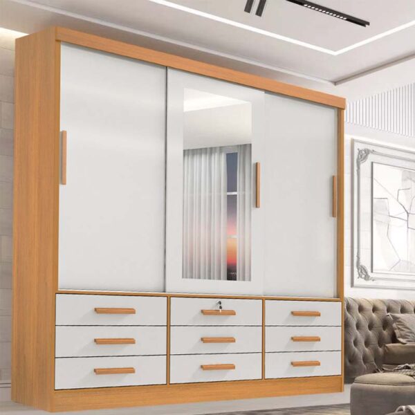 Roupeiro Meridian Plus 3 Portas 9 Gavetas Cinamomo/Off White Larg. 2.00m D'doro