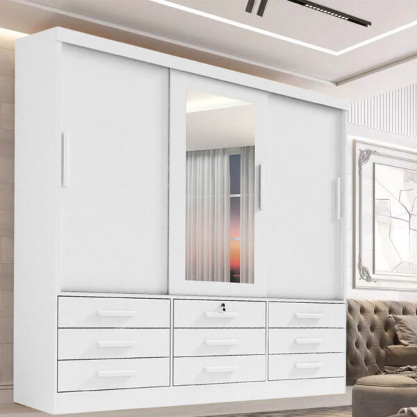 Roupeiro Meridian Plus 3 Portas 9 Gavetas Branco Larg. 2.00m D'Doro