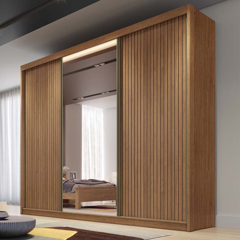 Roupeiro 3 Pts 8 Gav. Diamond Plus Ripado 3D c/Espelho 100% MDF Cumaru Larg. 2.41m Novo Horizonte