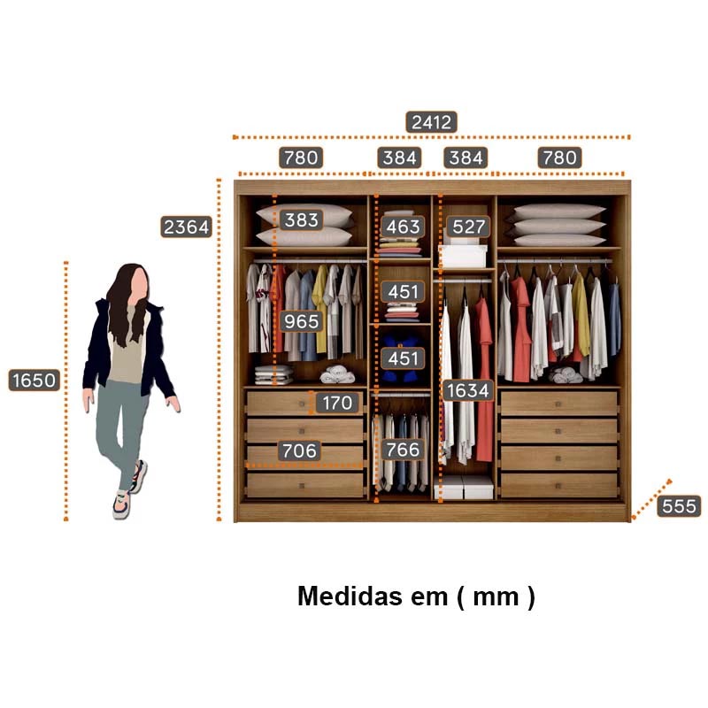 Roupeiro 3 Pts 8 Gav. Diamond Plus Ripado 3D c/Espelho 100% MDF Cumaru Larg. 2.41m Novo Horizonte - Imagem 3
