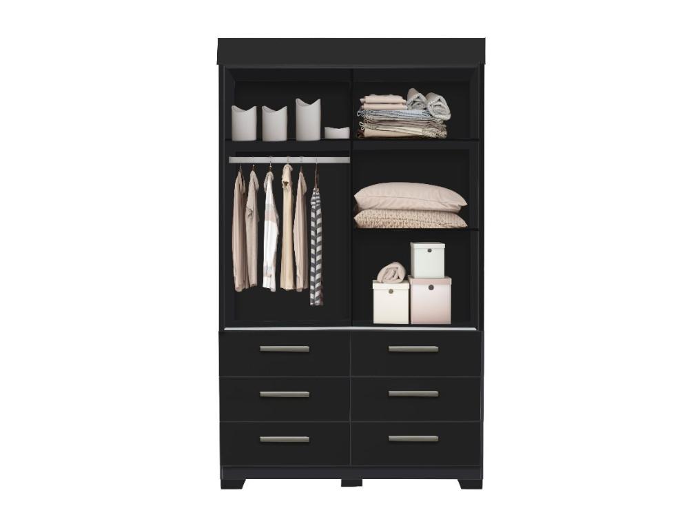 Guarda Roupa Buzios 2 portas de correr com espelho 6 gavetas Larg. 1.21m Preto - Imagem 2