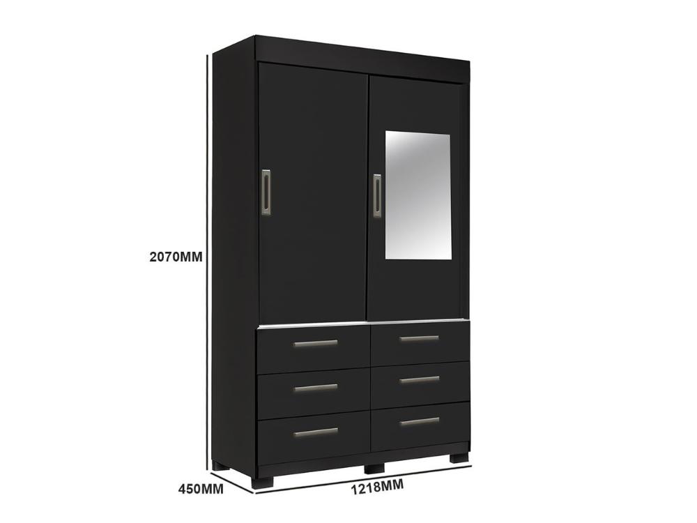 Guarda Roupa Buzios 2 portas de correr com espelho 6 gavetas Larg. 1.21m Preto - Imagem 3