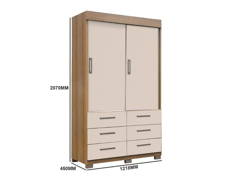 Guarda Roupa Buzios 2 portas de correr com espelho 6 gavetas Larg. 1.21m Mel/Areia - Imagem 2