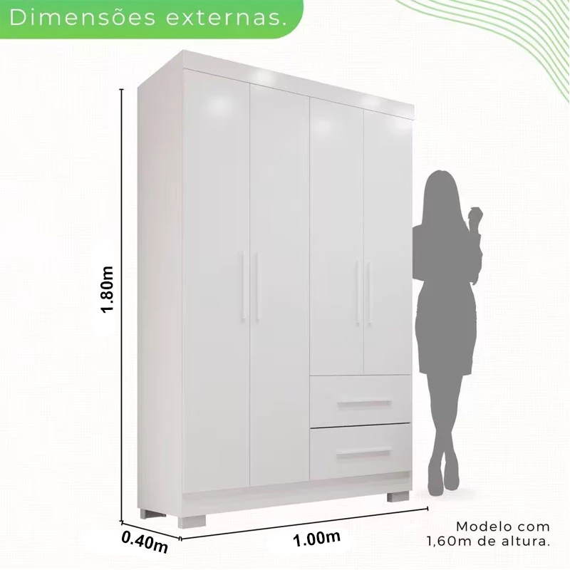 Roupeiro 4 portas Estrela Larg. 1.00m Branco Com Pés Sallêto - Imagem 6