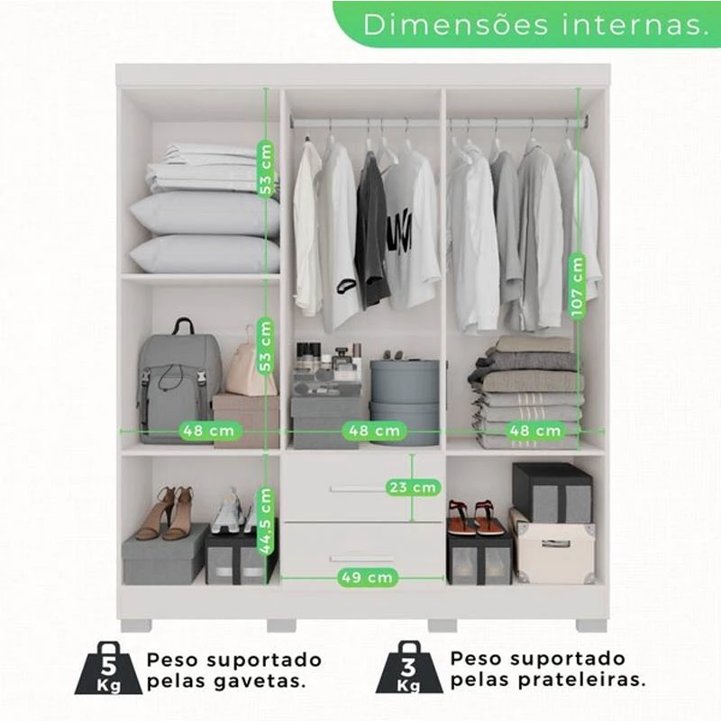 Roupeiro Estrela 6 Portas 2 Gavetas Branco Larg. 1.50m Sallêto Pés Grátis - Imagem 2