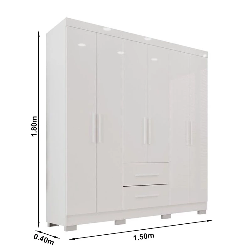 Roupeiro Estrela 6 Portas 2 Gavetas Branco Larg. 1.50m Sallêto Pés Grátis - Imagem 3