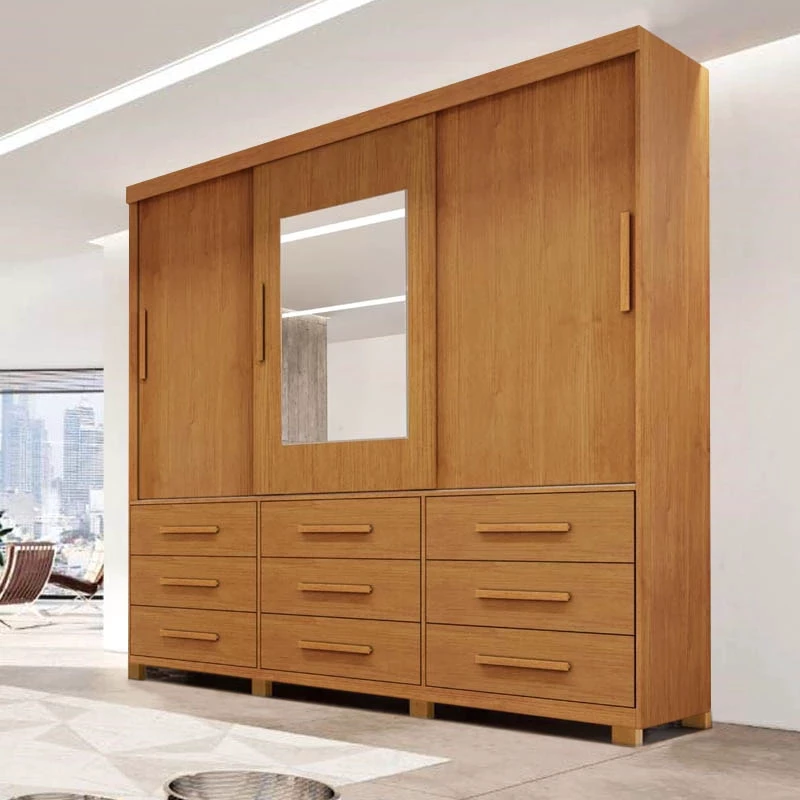 Roupeiro Athenas C/Espelho 3 Portas 9 Gavetas Nature Larg. 1.80m C/Pés Bianchi