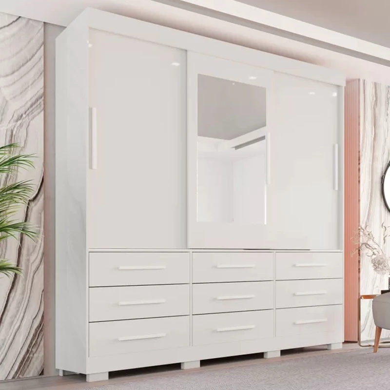 Roupeiro Athenas C/Espelho 3 Portas 9 Gavetas Branco Larg. 1.80m C/Pés Bianchi