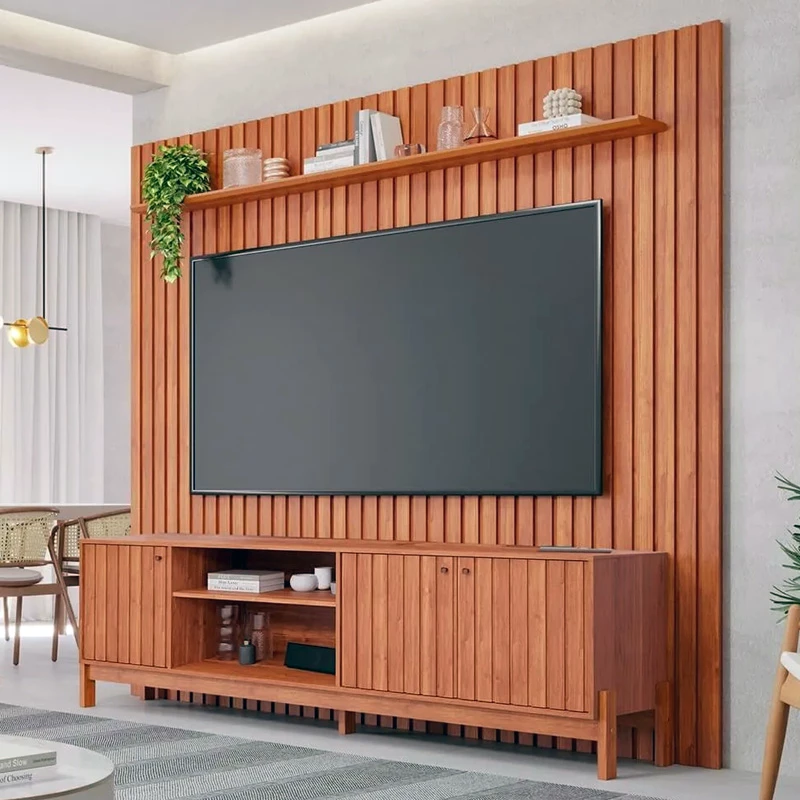 Painel Maragogi Ripado 100% MDF Larg. 2.30m Cinamomo + Rack Bancada Holanda Ripado 100% MDF larg. 2.05m Cinamomo Permobi