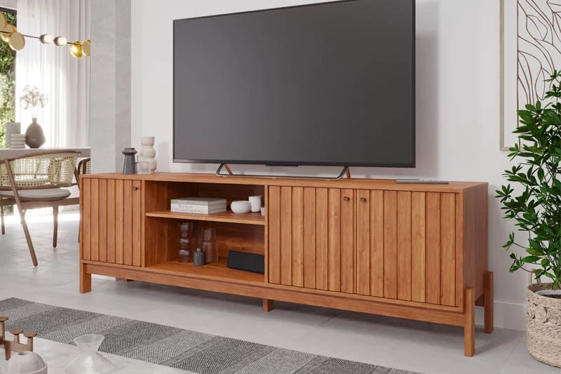 Painel Maragogi Ripado 100% MDF Larg. 2.30m Cinamomo + Rack Bancada Holanda Ripado 100% MDF larg. 2.05m Cinamomo Permobi - Imagem 2