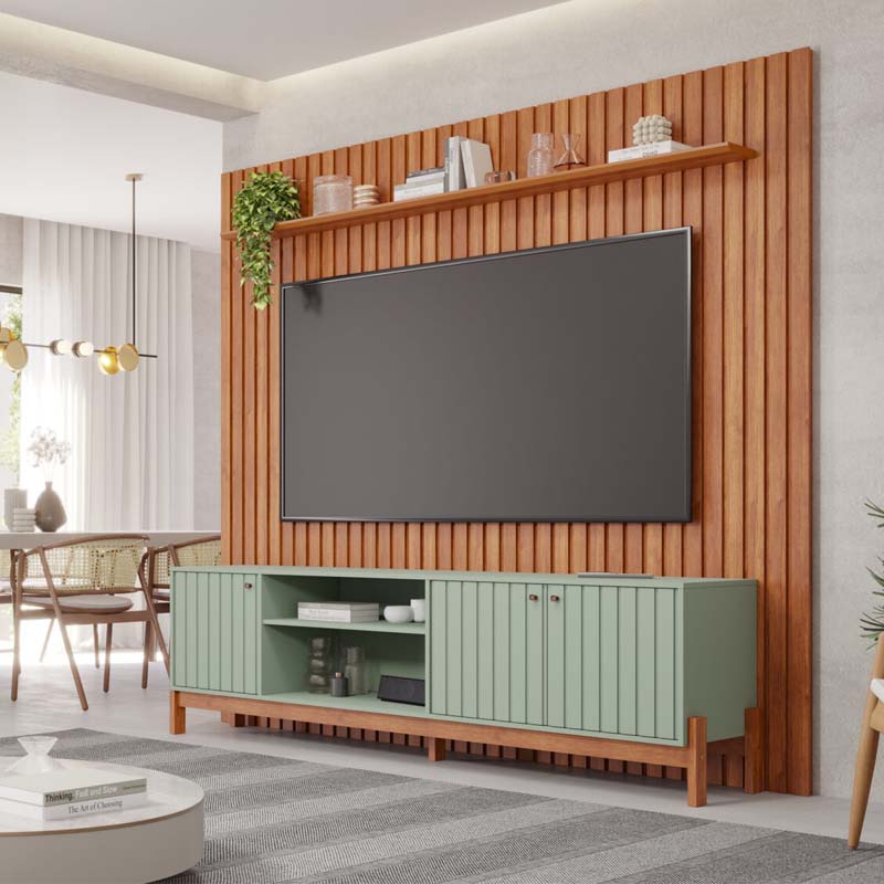 Painel Maragogi Ripado 100% MDF Larg. 2.30m Cinamomo + Rack Bancada Holanda Ripado 100% MDF larg. 2.05m Sálvia/Cinamomo