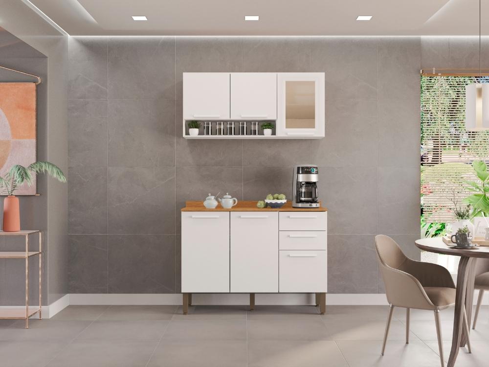 Combo Armário de Cozinha Aéreo 3 portas Reflecta 1.20m + Balcão 1.20m New Valência Branco