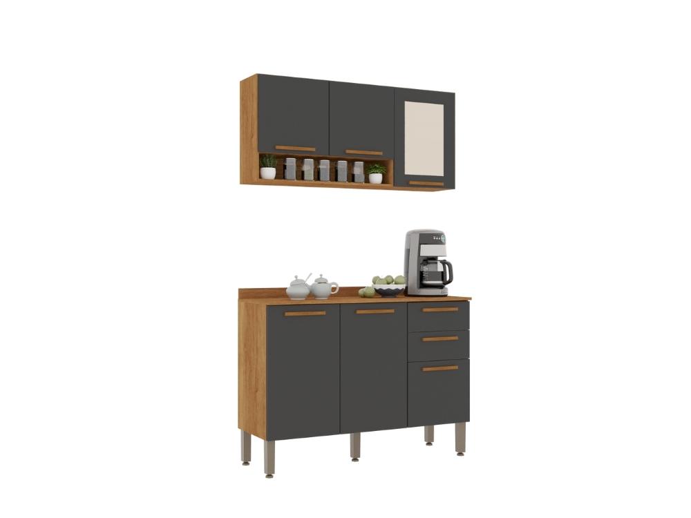 Combo Armário de Cozinha Aéreo 3 portas Reflecta 1.20m + Balcão 1.20m New Valência Cinamomo/Grafite - Imagem 3