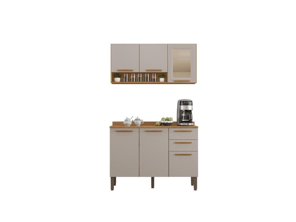 Combo Armário de Cozinha Aéreo 3 portas Reflecta 1.20m + Balcão 1.20m New Valência Cinamomo/ Off White - Imagem 3