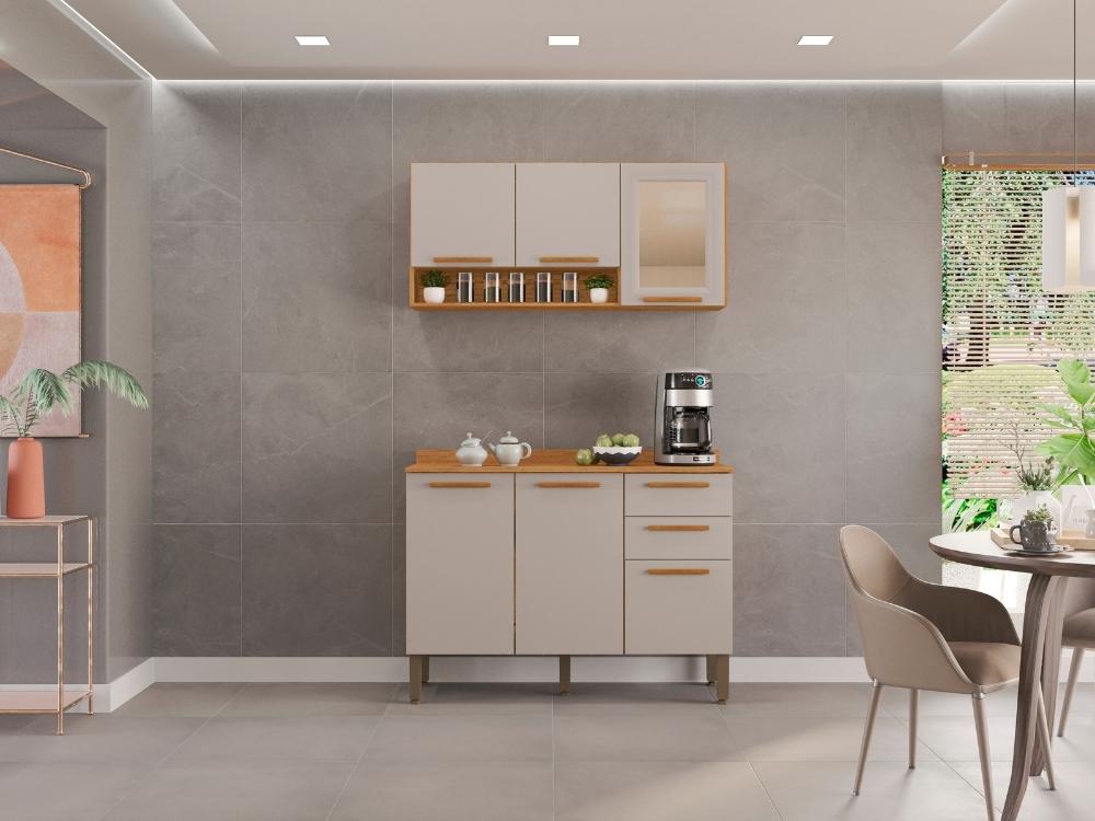 Combo Armário de Cozinha Aéreo 3 portas Reflecta 1.20m + Balcão 1.20m New Valência Cinamomo/ Off White