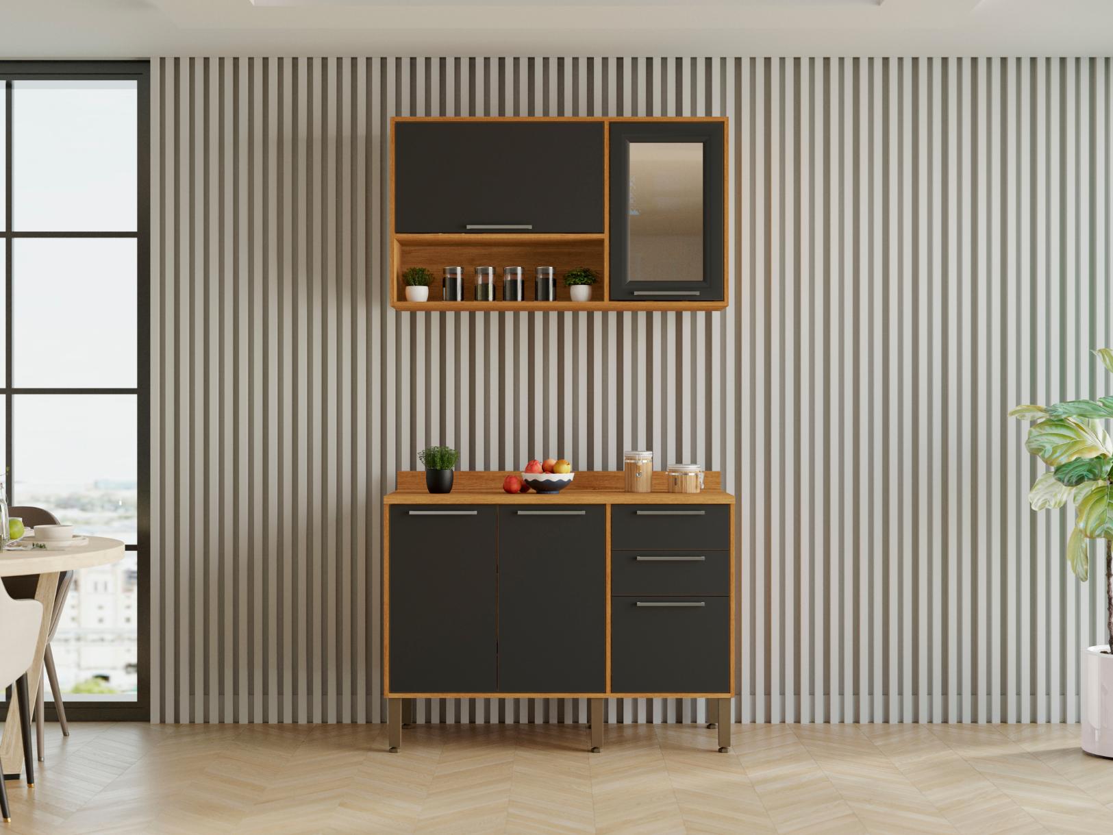 Combo Armário de Cozinha Aéreo 1.20m + Balcão 1.20 Paris Cinamomo/Grafite