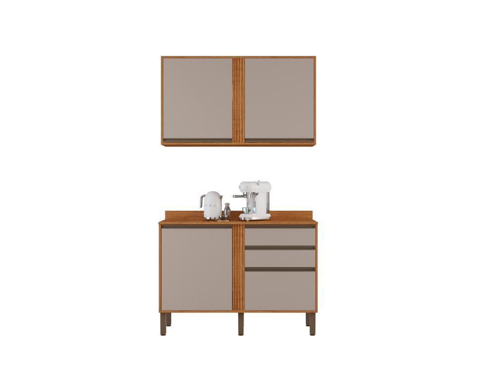 Combo Armário de Cozinha Aéreo 2 portas 1.20m + Balcão 1.20 Pérola Cinamomo/Off White - Imagem 3