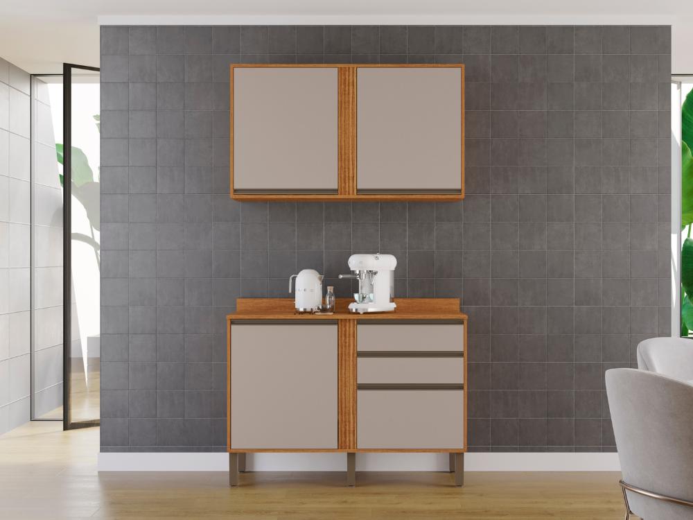 Combo Armário de Cozinha Aéreo 2 portas 1.20m + Balcão 1.20 Pérola Cinamomo/Off White