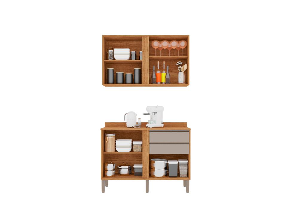 Combo Armário de Cozinha Aéreo 2 portas 1.20m + Balcão 1.20 Pérola Cinamomo/Off White - Imagem 2