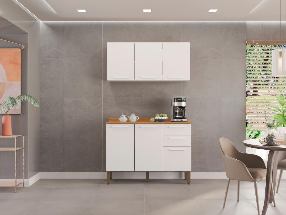 Combo Armário de Cozinha Aéreo 3 portas 1.20m + Balcão 1.20 New Valência Branco