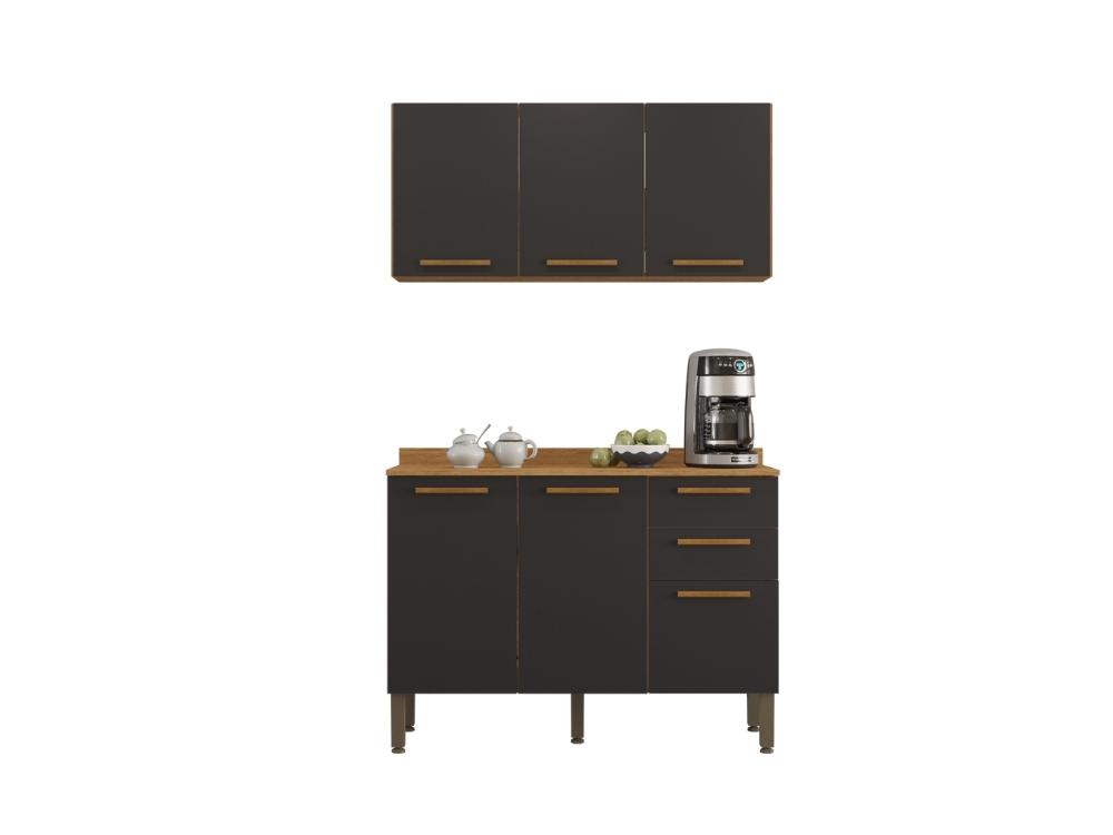 Combo Armário de Cozinha Aéreo 3 portas 1.20m + Balcão 1.20 New Valência Cinamomo/Grafite - Imagem 3