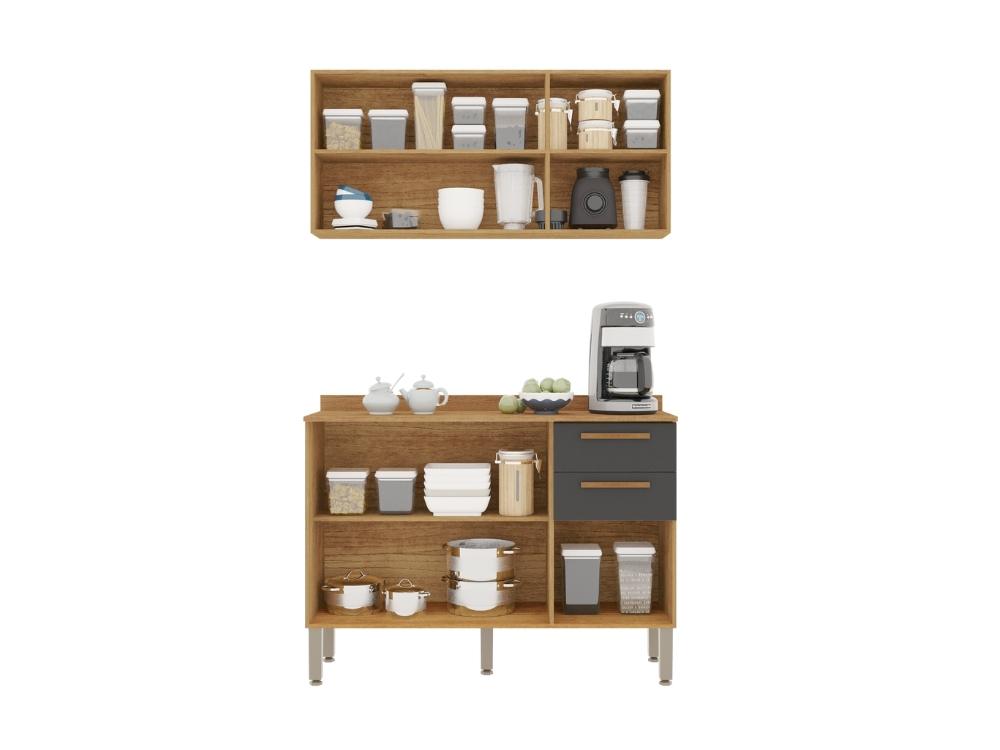 Combo Armário de Cozinha Aéreo 3 portas 1.20m + Balcão 1.20 New Valência Cinamomo/Grafite - Imagem 2