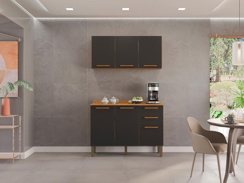 Combo Armário de Cozinha Aéreo 3 portas 1.20m + Balcão 1.20 New Valência Cinamomo/Grafite