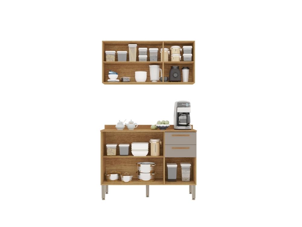 Combo Armário de Cozinha Aéreo 3 portas 1.20m + Balcão 1.20 New Valência Cinamomo/Off White - Imagem 2