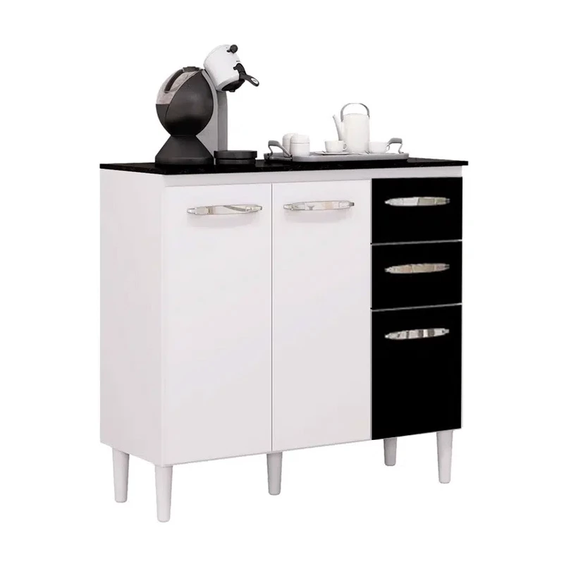 Balcão 3 Portas 2 Gavetas C/Tampo Branco/Preto Larg. 90cm Poquema - Imagem 3