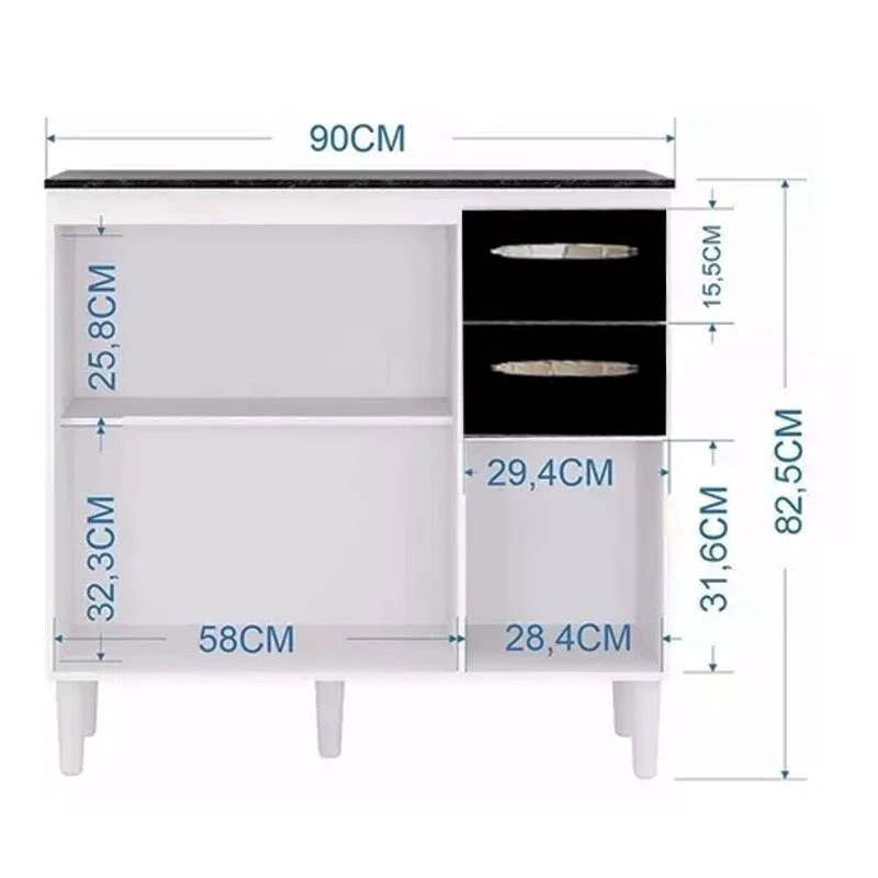 Balcão 3 Portas 2 Gavetas C/Tampo Branco/Preto Larg. 90cm Poquema - Imagem 2
