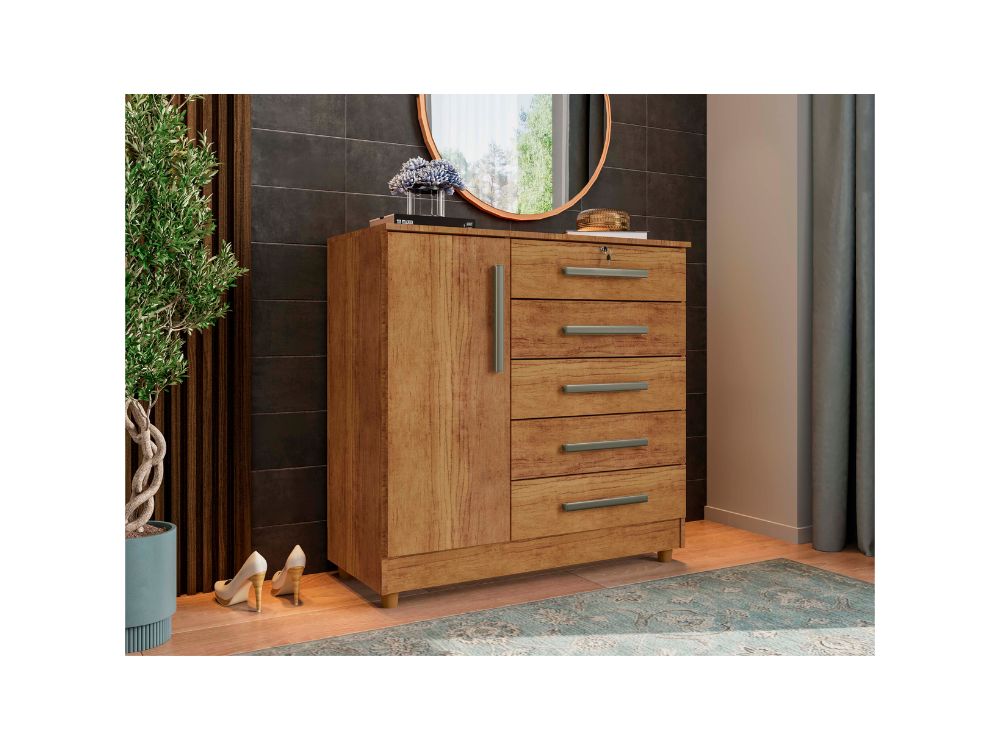 Cômoda Vitória 5 gavetas 1 porta Cedro