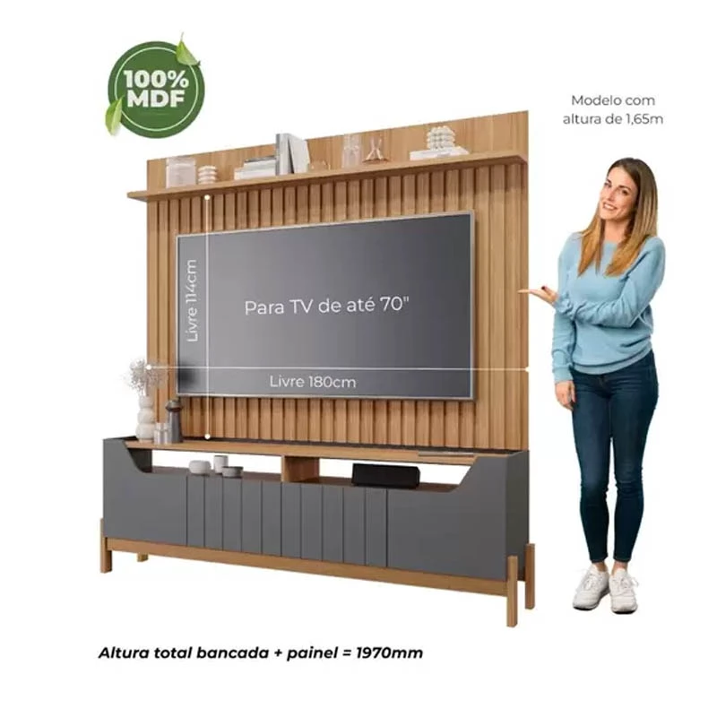 Rack Moema e Painel Speed Trend Ripado 100% MDF Grafite/Nature Permóbili - Imagem 2