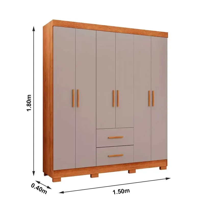 Roupeiro Estrela 6 Portas 2 Gavetas Cinamomo/Off White Larg. 1.50m Sallêto Pés Grátis