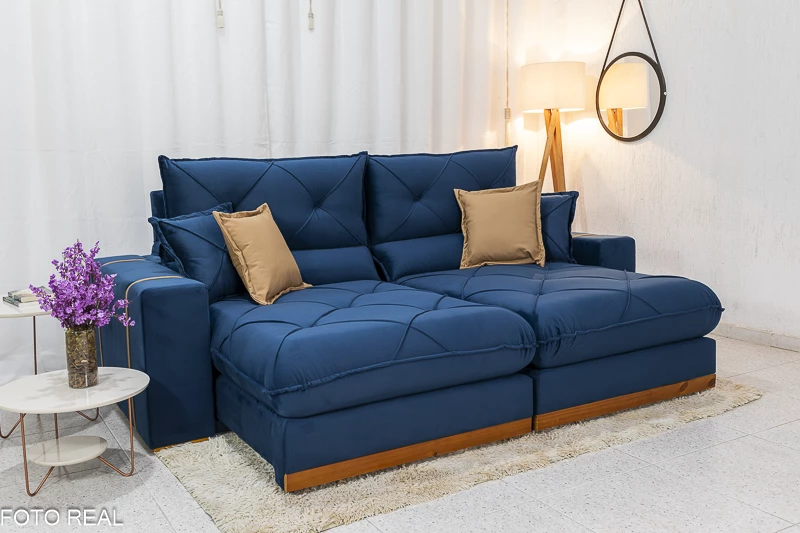 Sofá Retrátil Reclinável 2.30m Gran Bello Veludo Azul - D33 e Molas Ensacadas - Imagem 3