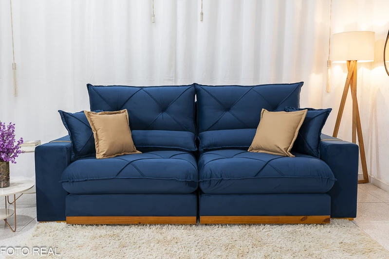 Sofá Retrátil Reclinável 2.30m Gran Bello Veludo Azul - D33 e Molas Ensacadas - Imagem 6