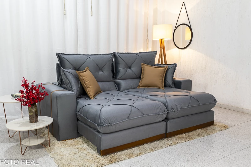 Sofá Retrátil Reclinável 2.30m Gran Bello Veludo Cinza - D33 e Molas Ensacadas - Imagem 2