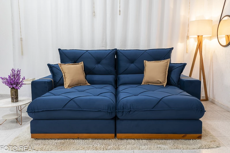 Sofá Retrátil Reclinável 2.50m Gran Bello Veludo Azul - D33 e Molas Ensacadas