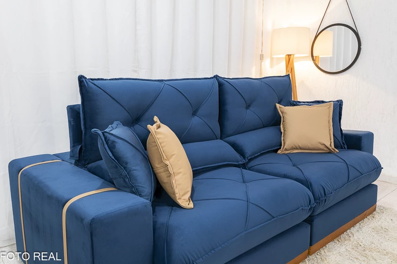 Sofá Retrátil Reclinável 2.50m Gran Bello Veludo Azul - D33 e Molas Ensacadas - Imagem 4