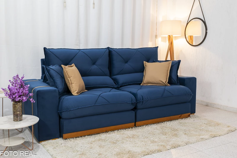 Sofá Retrátil Reclinável 2.50m Gran Bello Veludo Azul - D33 e Molas Ensacadas - Imagem 5